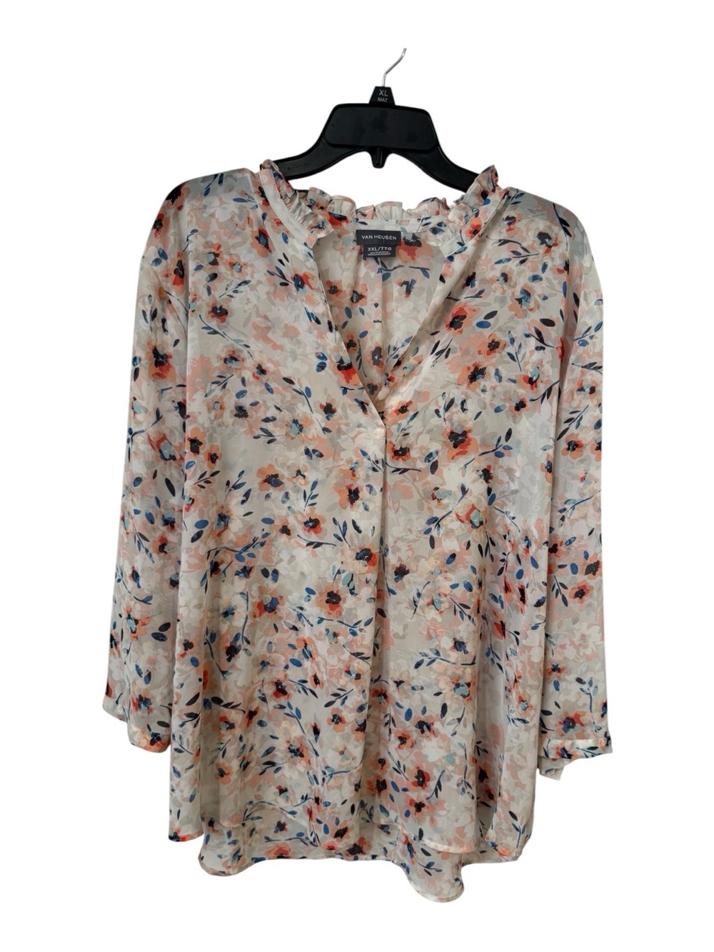 Van Heusen XXL Ivory Floral Split Neck Ruffle Blouse 3/4 Sleeve Lightweight